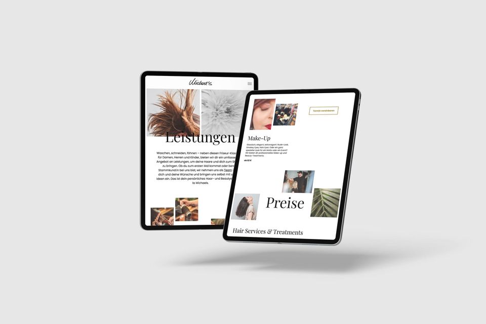 Zwei Tablets mit den Seiten Leistungen und Preise von Michael's Friseur
