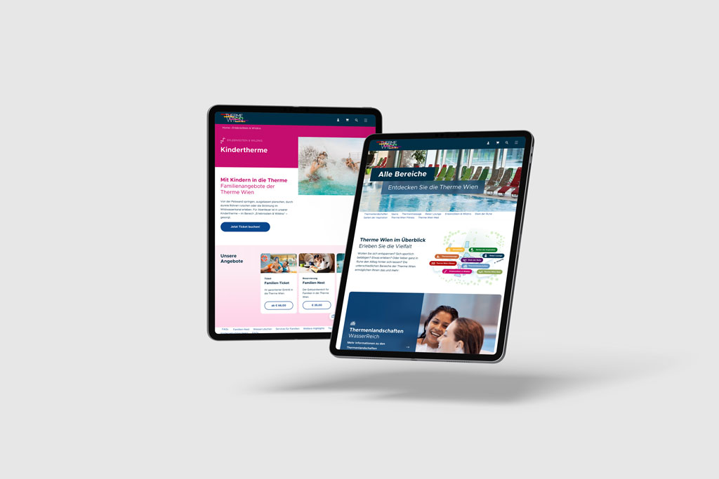 Therme Wien Mockup von zwei i-Pads mit Unterseiten: Kindertherme und Bereiche